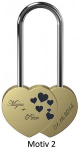 Ljubezenska ključavnica z gravuro dvojno srce - zlata-V (različni motivi)